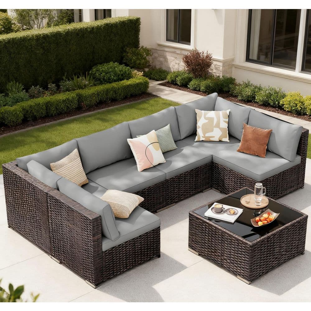 タグ付✨ジョセフアブード× ラニフィーチョローマ　セットアップ　L ペイズリー Lofka 7-Piece Outdoor Gray Sectional Patio Furniture Set, PE