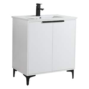 30 in. W x 18.5 in. D x 35.25 in. H Single sink Bath Vanity in White with Black Hardware and White Ceramic Sink top