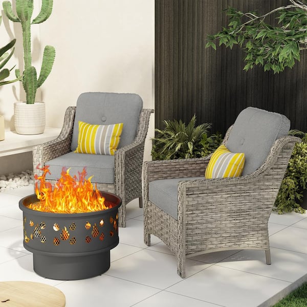 XIZZI Iris 3-Piece Wicker Outdoor Patio Conversation Sofa Seating Set with a Wood-Burning Fire Pit and Dark Gray Cushions
