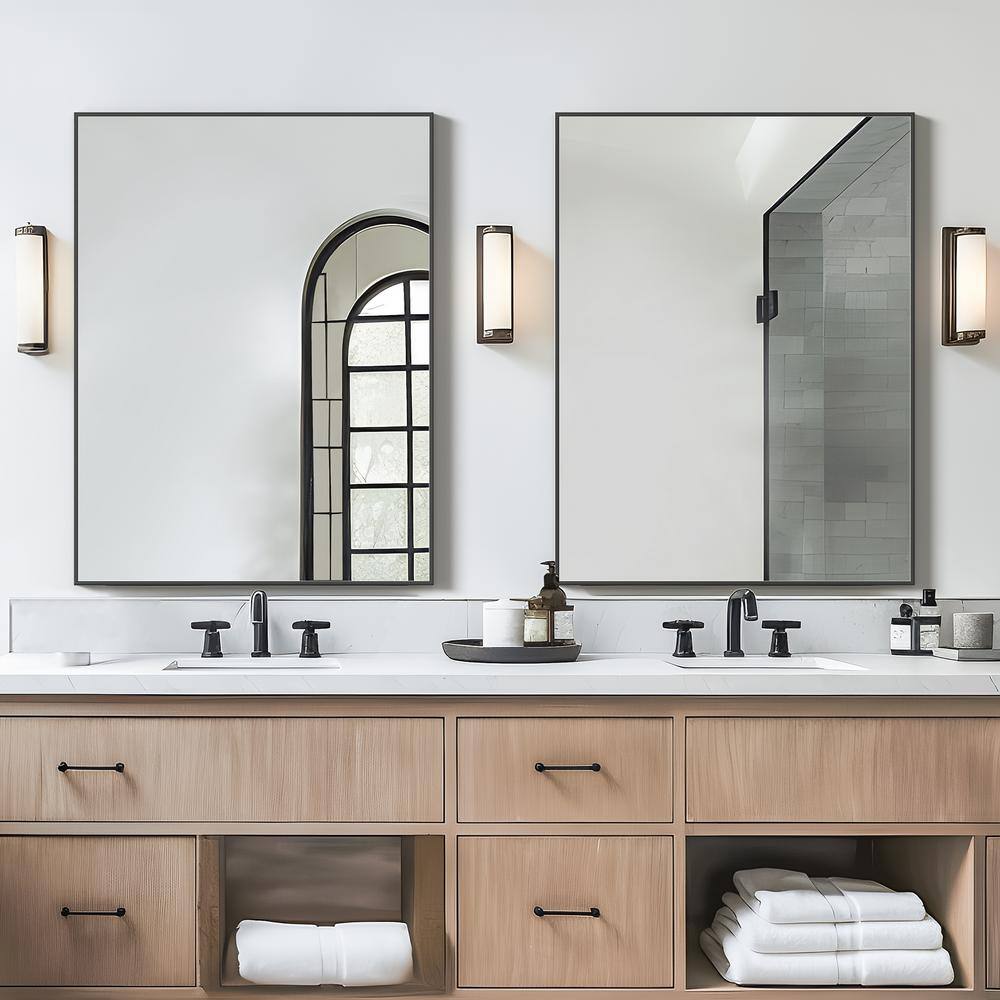 30 in. W x 39 in. H Rectangular Metal Framed Bathroom Wall Mirror in Black 
