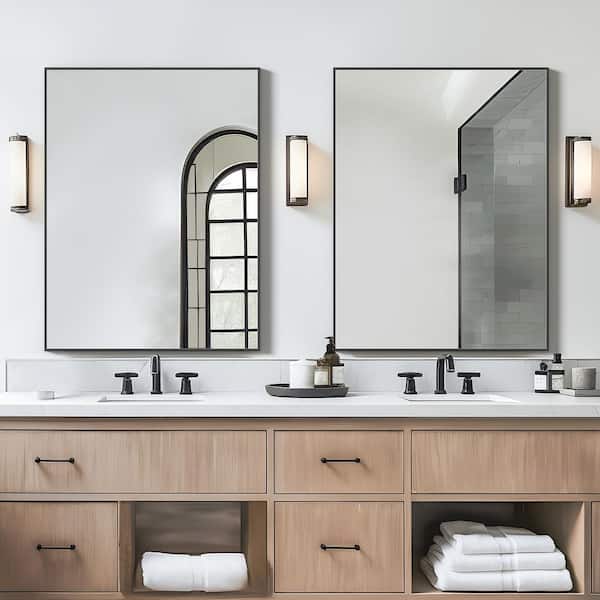 Lirago 30 in. W x 39 in. H Rectangular Metal Framed Bathroom Wall Mirror in Black 2-Pieces
