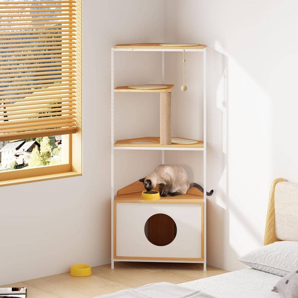 Corner Cat Tower with Scratching Post and Feeding Station