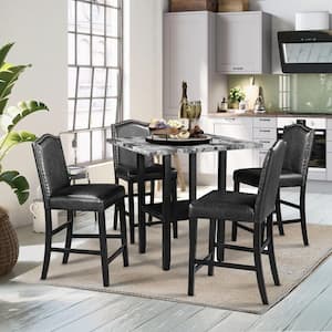 5-Piece Gray Dining Table Set with PU Chairs and Bottom Shelf