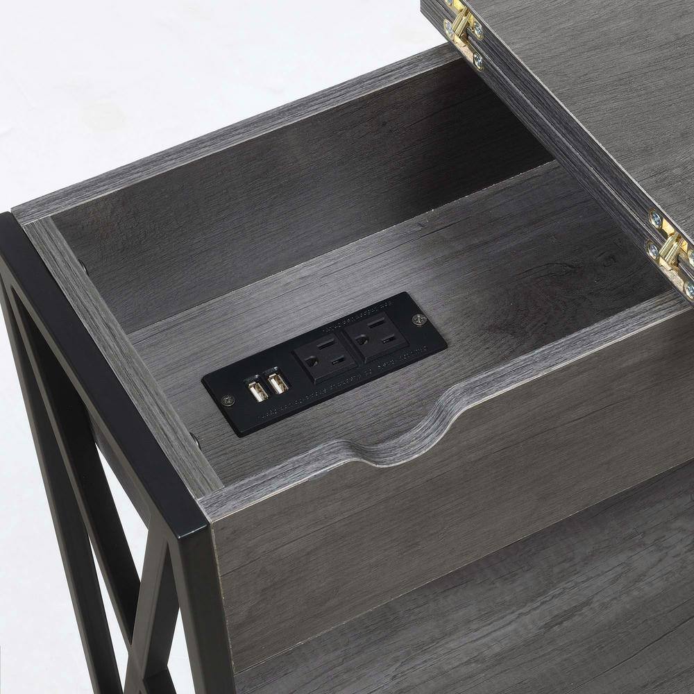 Charcoal Gray Wood and Black Metal End Table with Charging Station