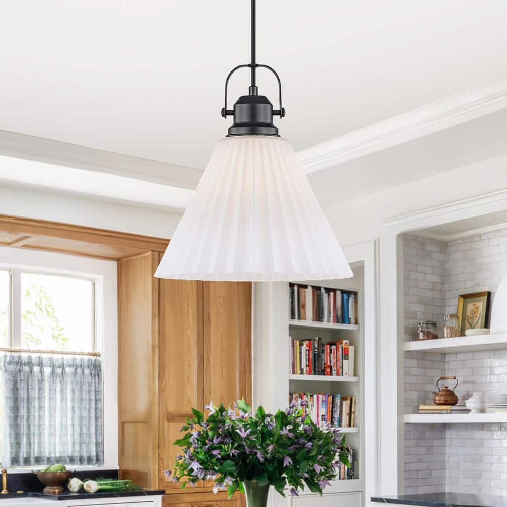 12 in. 1-Light Minimalist Matte Black Pendant Light with White Pleated Glass Shade for Dining Room price history on PriceWatchPro