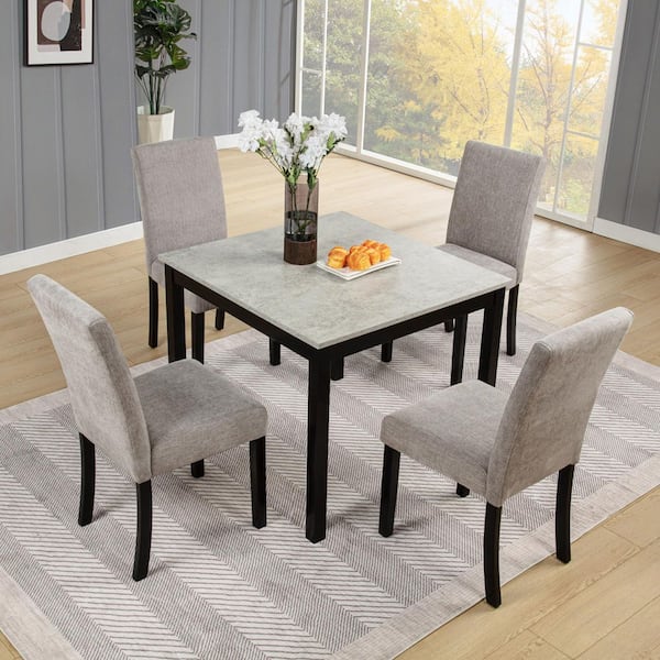 Brelton Modern 5-Piece Square Black and Grey Finish MDF Wood Top Dining Table Set with Upholstered Chairs, Seats-4