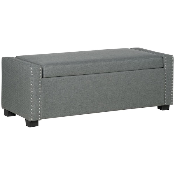HOMCOM Light Grey Nailhead Trim Upholstered Flip Top Storage Bench, Fabric Ottoman