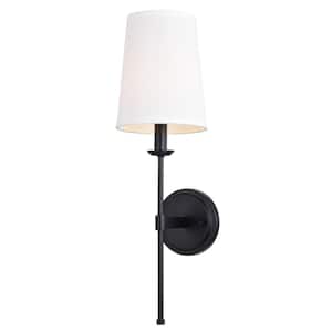 Camden 6 in. W 1-Light Matte Black Wall Sconce Fixture White Linen Fabric Shade, LED Compatible