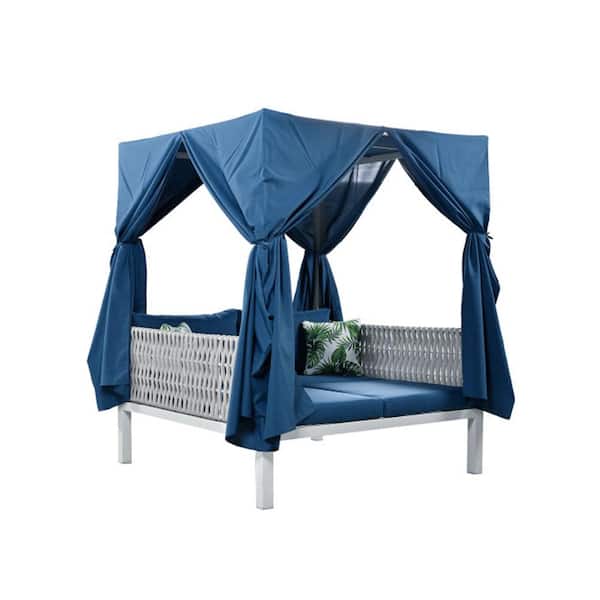 ITOPFOX 1 Pcs Wicker Outdoor Patio Day Bed with Blue Cushions, Blue Curtains for Multiple Scenarios