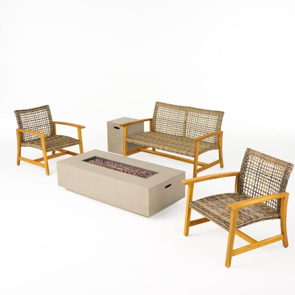 Noble House Augusta Light Grey Washed 5-Piece Wood Outdoor Patio Fire Pit Seating Set