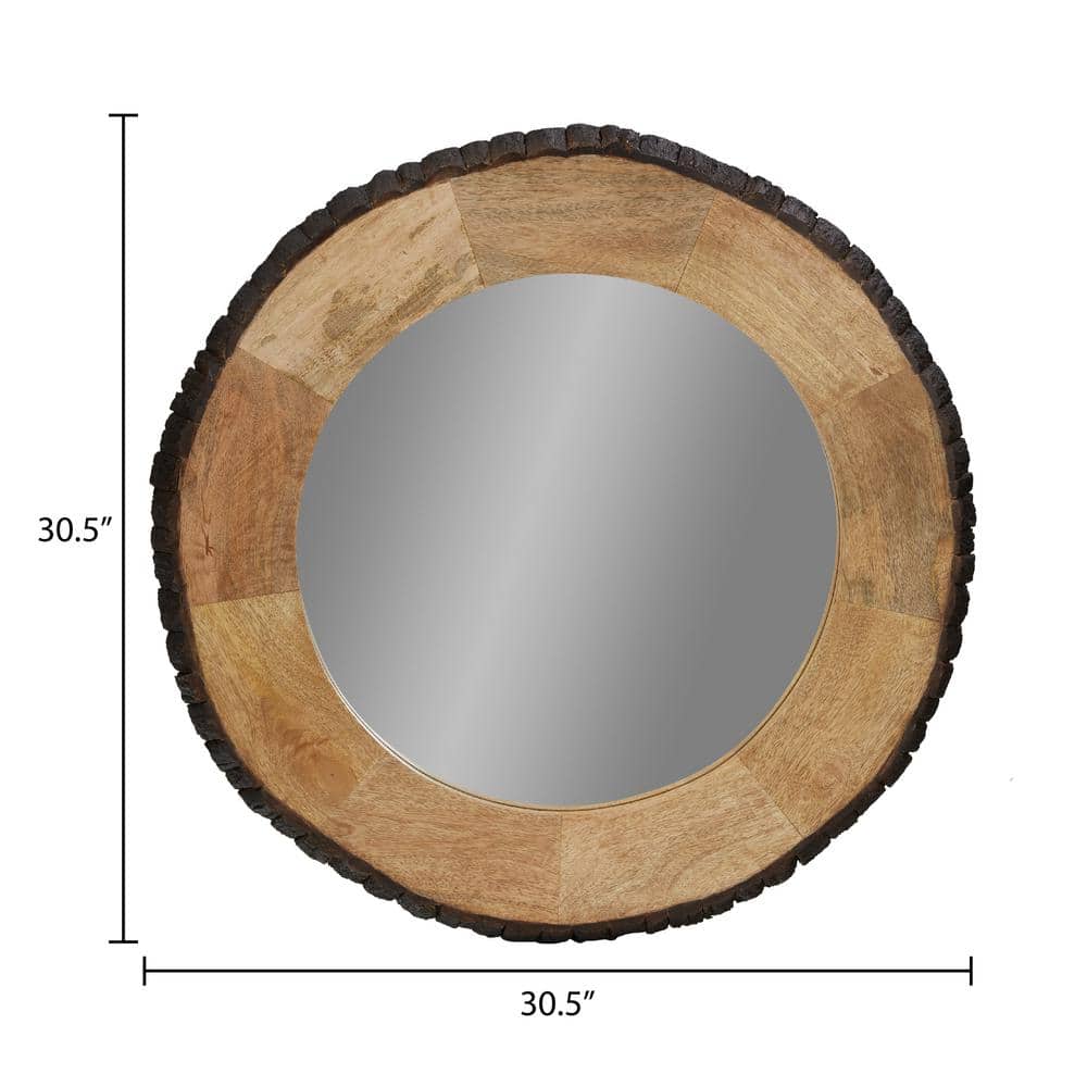 30.5" Round Brown Mango Wood and Glass Wall Mirror
