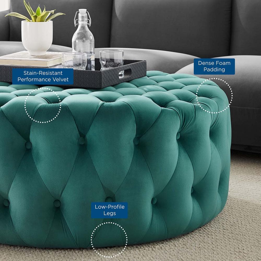 Teal Velvet Tufted Round Ottoman with Button Accents
