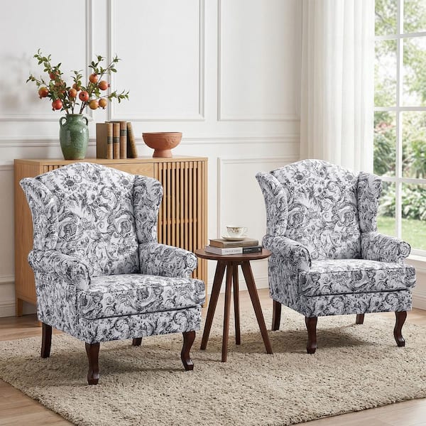 Mid-Century Retro Style Rococo Black Chenille Upholstered Wingback Arm Chair with Wooden Legs(Set of 2)
