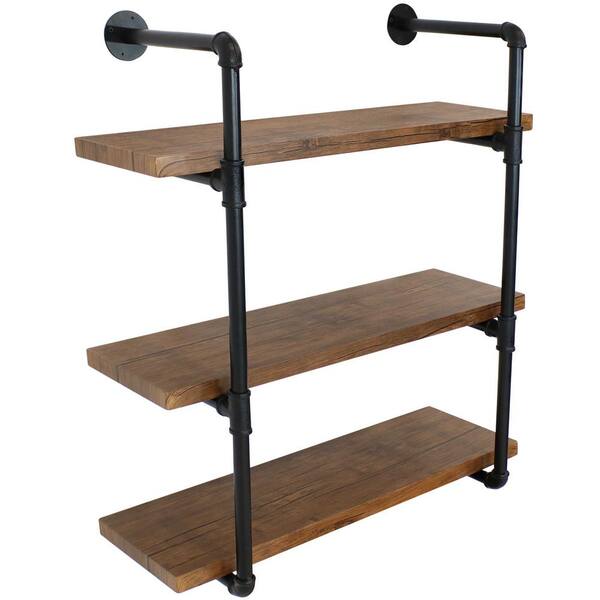 Sunnydaze 34.50 in. Teak Industrial Style 3-Tier Wall Bookshelf - Black Pipe Frame