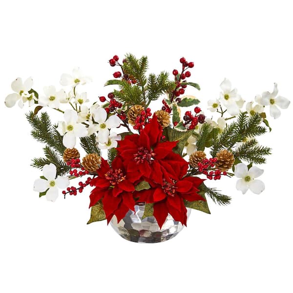 Nearly Natural Poinsettia Dogwood Berry and Pine Artificial Arrangement in Silver Vase