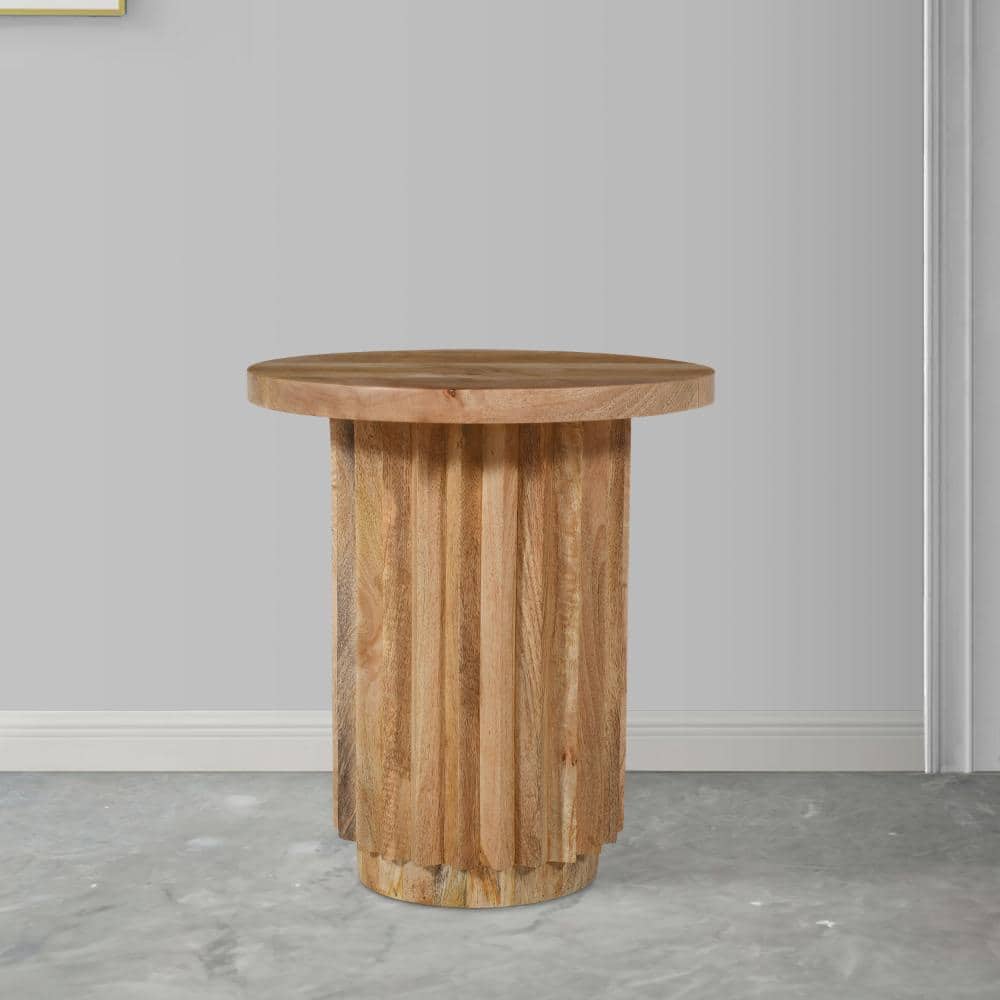 Natural Brown Mango Wood Round End Table with Reeded Base
