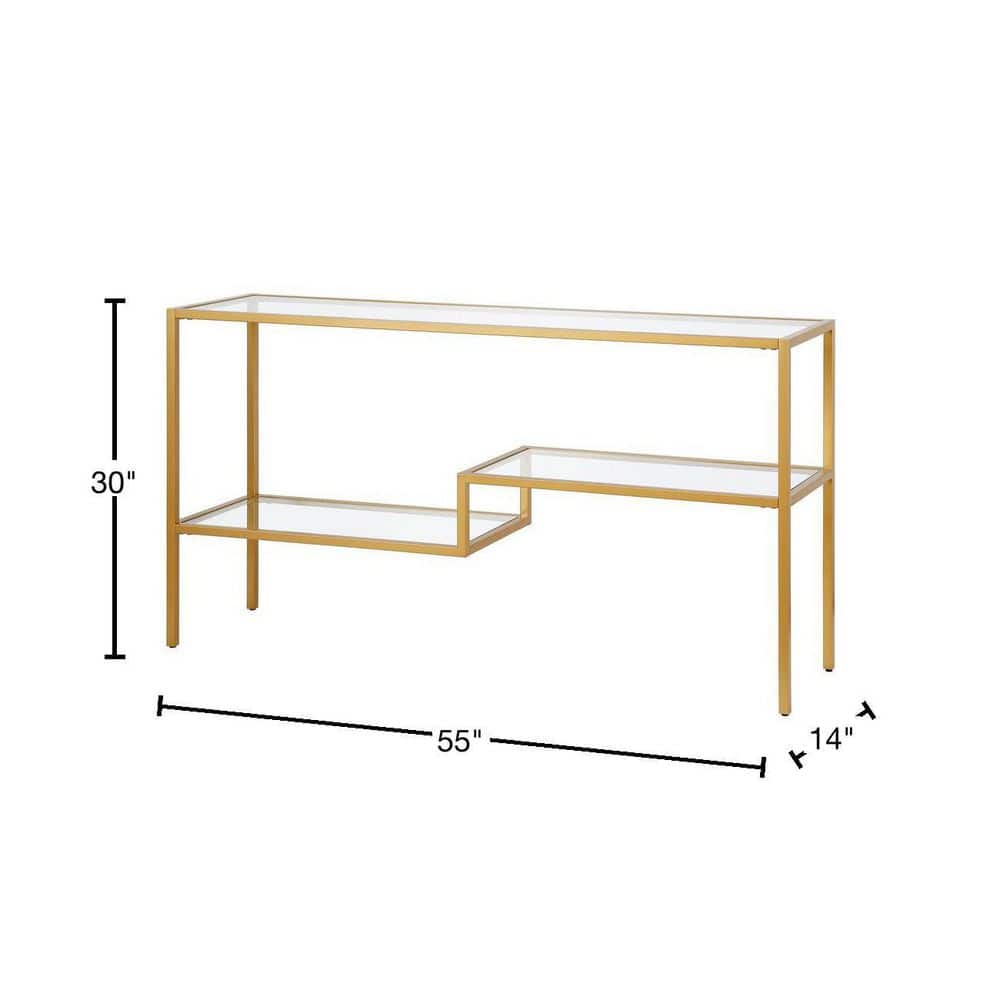 Evelyn&Zoe Lovett Modern Brushed Gold Console Table with Tempered Glass Shelves