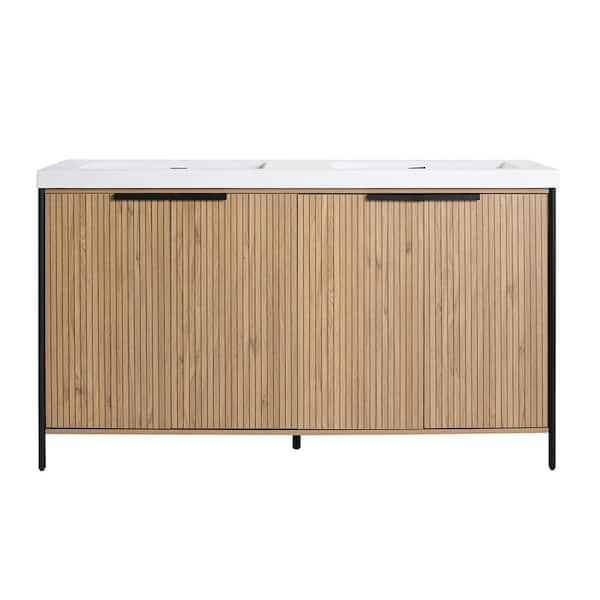 UPIKER Midsummer 59.1 in. W x 19.7 in. D x 34. 9 in. H Freestanding Bath Vanity Cabinet in Light Coffee with White Resin Top