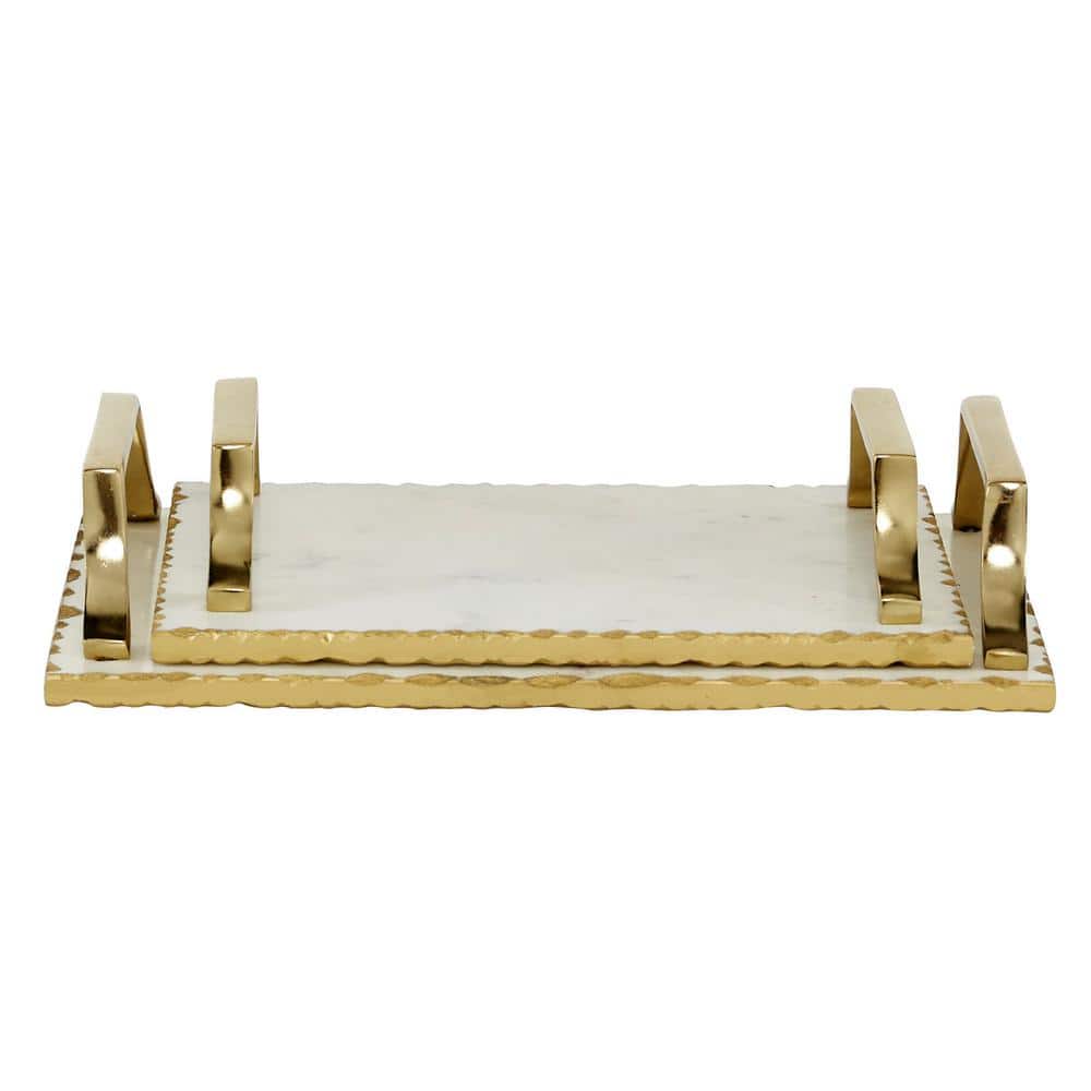Gold and White Ceramic Rectangular Tray Set with Metal Handles