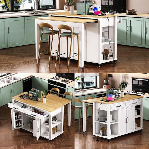 White Wood 47 in. Kitchen Island with 2-Power Outlet, Extendable Dining Table and 2-Drawers for Kitchen Room and Outdoor