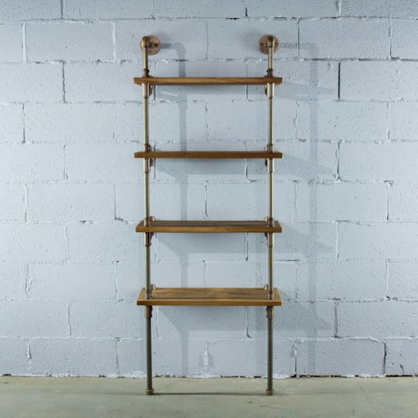 OS Home and Office Furniture 67 in. Rustic Brass Gray/Brown Metal 4-shelf Ladder Bookcase