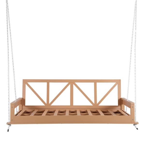 Twin Size Swing Bed 2-Person Natural Acacia Wood Porch Swing Hanging Bed Frame with Ropes for Gardens