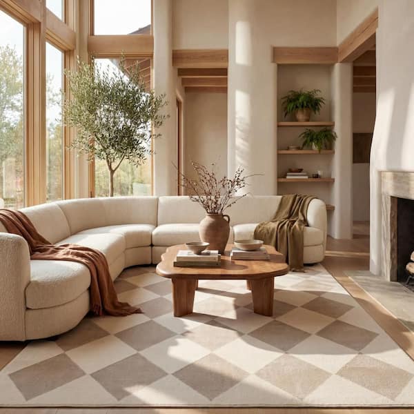 Erielle Diamond Washable Area Cream/Grey 7 ft. x 9 ft. Indoor Area Rug