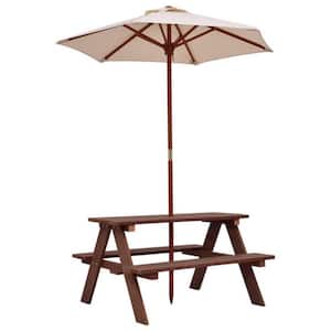 Wooden Outdoor Kids Picnic Table with Umbrella and Bench