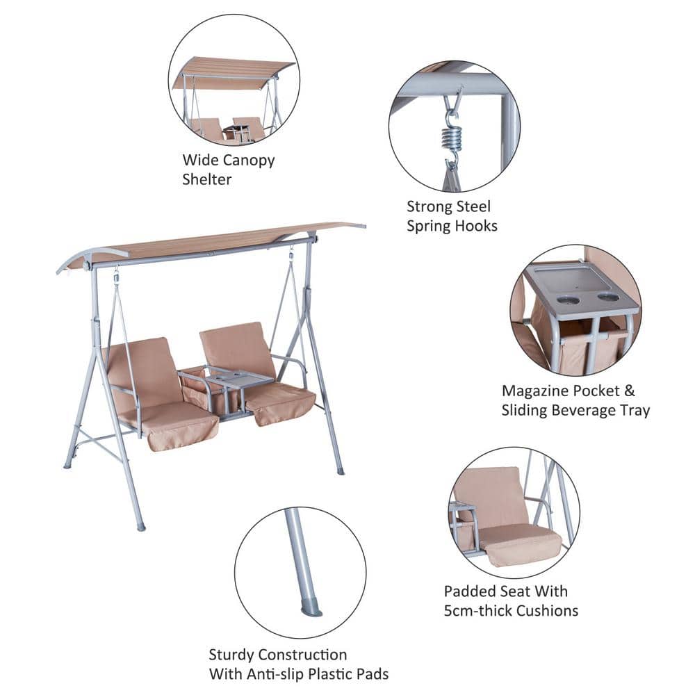 Beige Metal 2-Person Outdoor Swing with Canopy and Storage