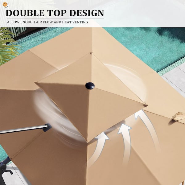 10.5 ft. x 9 ft. Outdoor Aluminum Cantilever 360° Rotation Tilt Double-Top Patio Umbrella in Tan with Base for Deck Yard