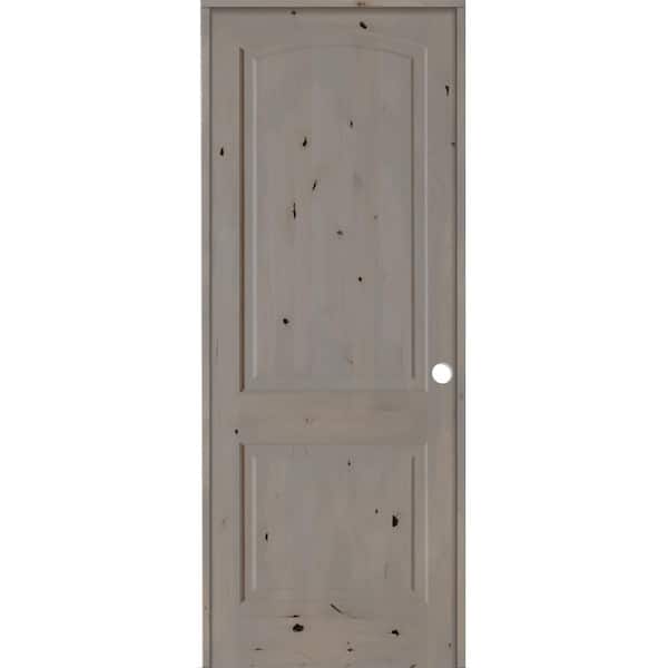 18 in. x 96 in. Rustic Knotty Alder 2-Panel Left Handed Grey Stain Wood Single Prehung Interior Door with Arch Top