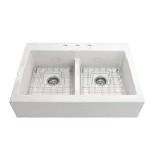 Nuova White Fireclay 34 in. Double Bowl Farmhouse Apron Front Kitchen Sink with Faucet