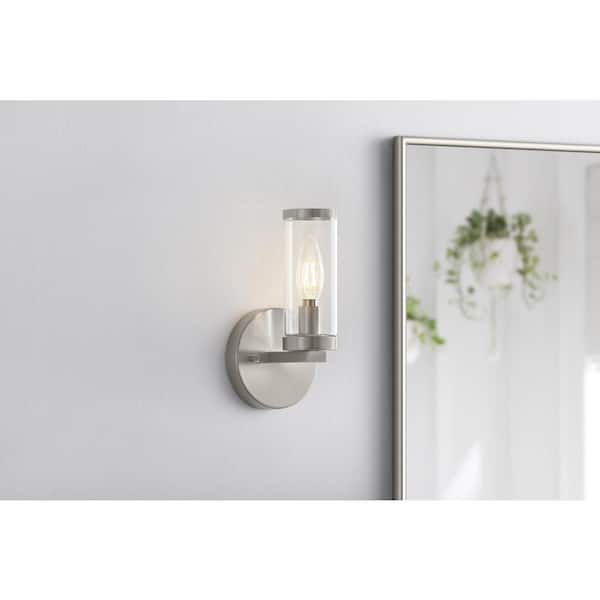 Hampton Bay Loveland 1-Light Brushed Nickel Indoor Wall Sconce Light Fixture with Clear Glass Shade