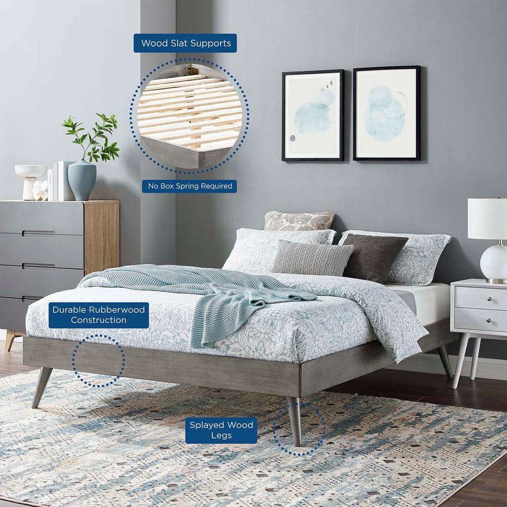 Gray Full Wood Platform Bed Frame with Slats