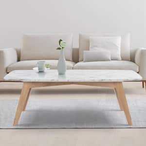 Faura 44 in. Oak White/Brown Large Rectangle Marble Coffee Table
