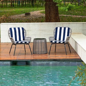 3-Piece Wicker Outdoor Bistro Set Outdoor Rattan Seating Group with Cushions in Navy Stripe