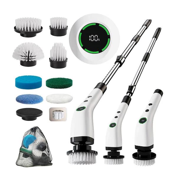 Cordless Spin Scrubber in White w 8 Brush Heads, 54in Adjustable Handle, LCD Display for Bathroom Kitchen Floor