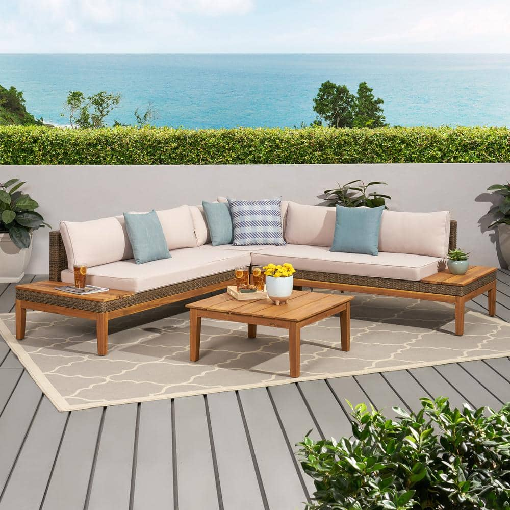 Noble House Loft Teak Brown 4-Piece Faux Rattan Outdoor Patio ...