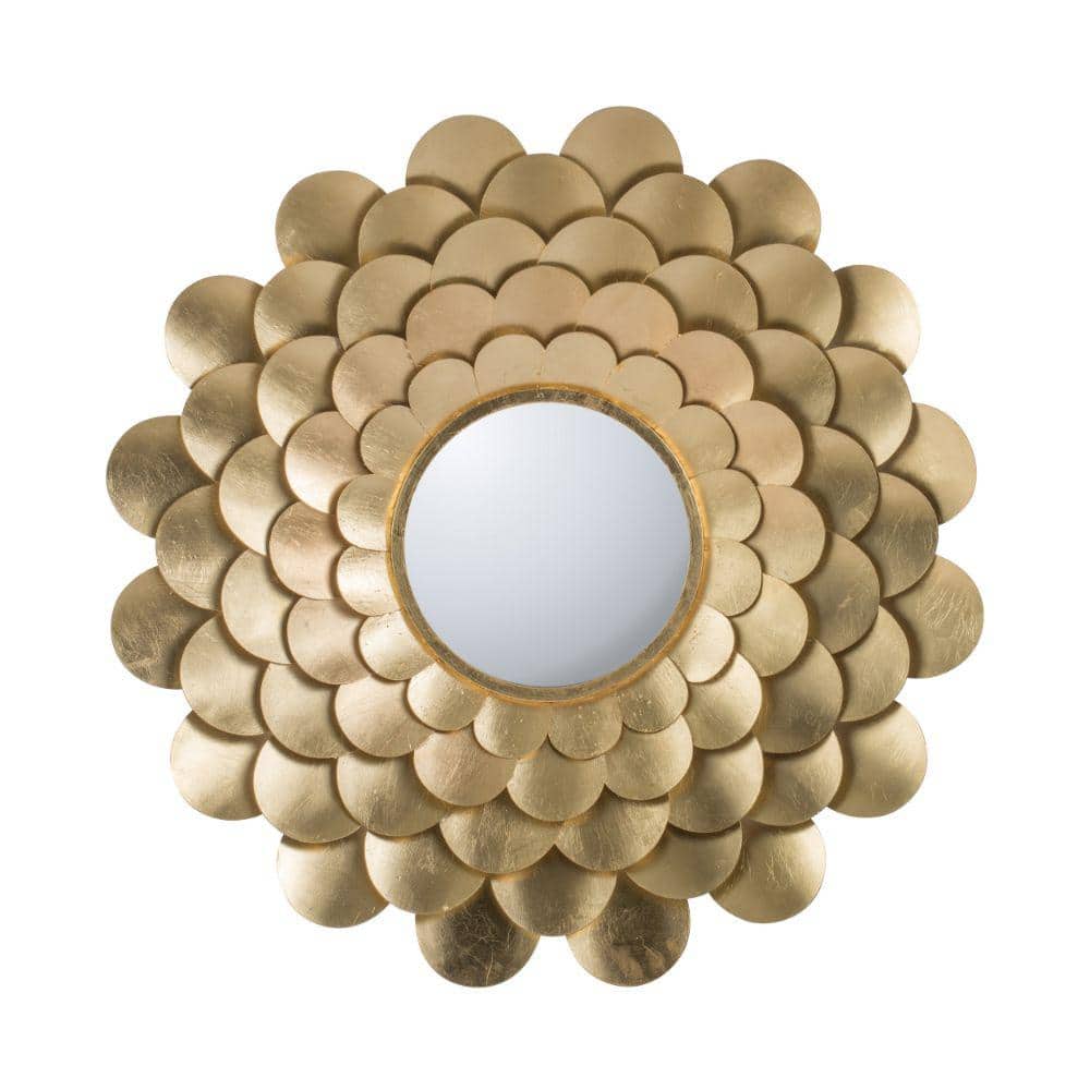 Benjara 31.5 in. W x 31.5 in. H Gold Round Wall Mount Mirror with Blooming  Flower Decor and Gold Finished Iron BM286104 The Home Depot