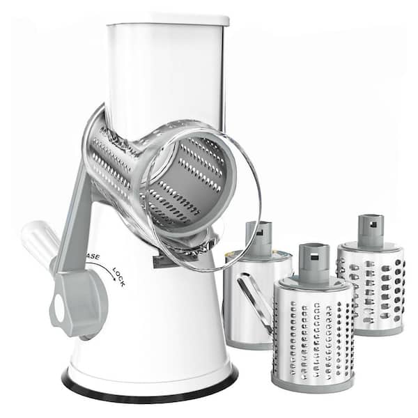 White Rotary Cheese Grater Hand Crank Shredder with 3 Blades Non-slip Suction Base for Cheese Vegetables Nuts