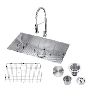 Brushed Nickel 16-Gauge Stainless Steel 32 in. Single Bowl Undermount Kitchen Sink with Faucet, Strainer and Bottom Grid
