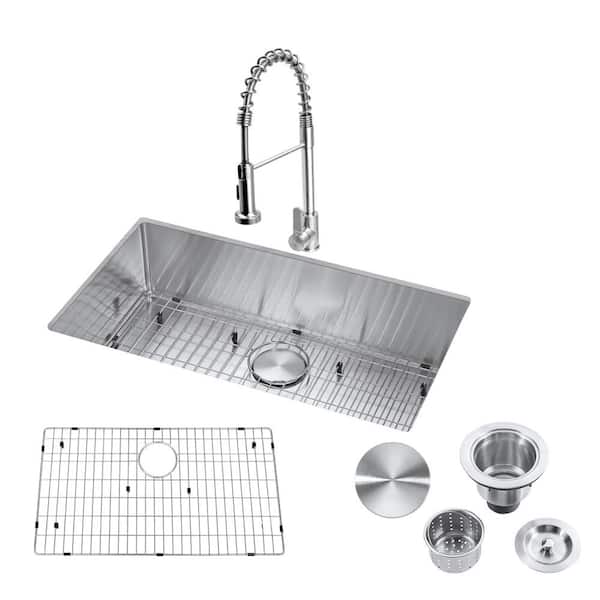 Akicon Brushed Nickel 16-Gauge Stainless Steel 32 in. Single Bowl Undermount Kitchen Sink with Faucet, Strainer and Bottom Grid