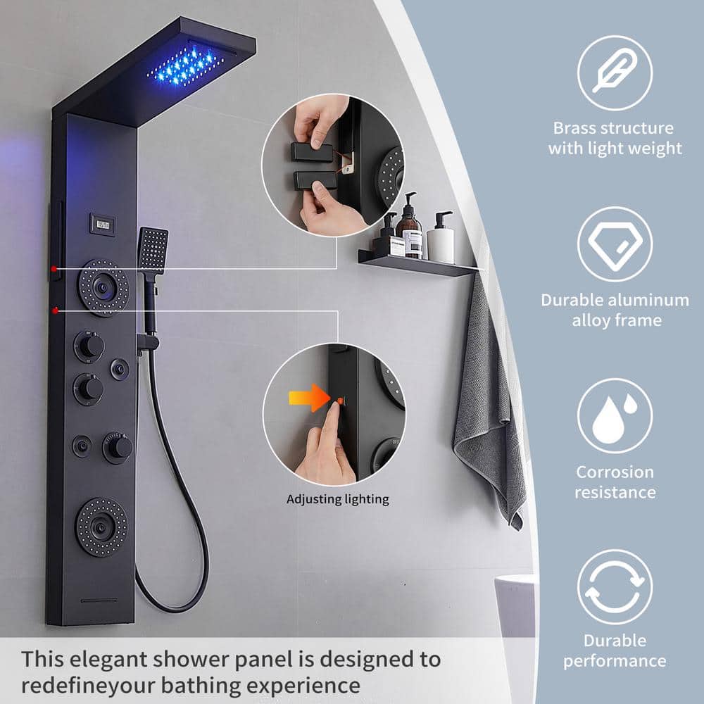 Matte Black 47'' Shower Panel System with LED Light and Body Jets