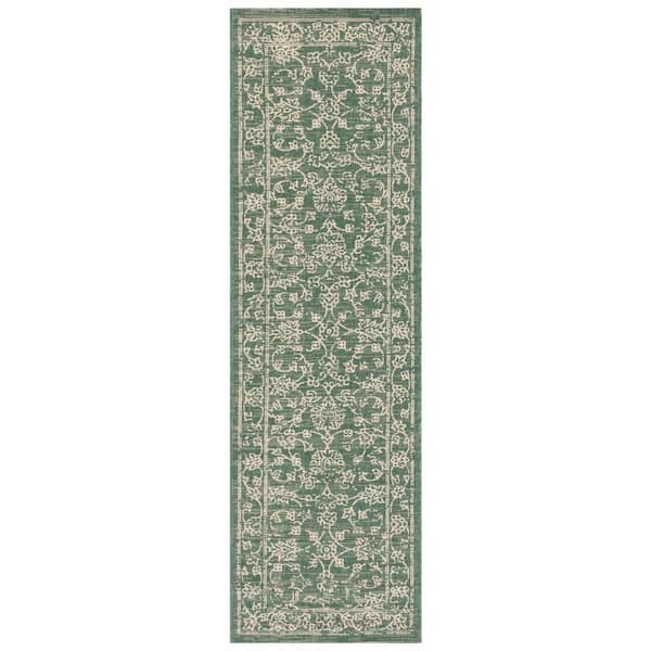 Courtyard 2 ft. x 11 ft. Dark Green/Beige Border Antique Floral Indoor/Outdoor Runner Rug