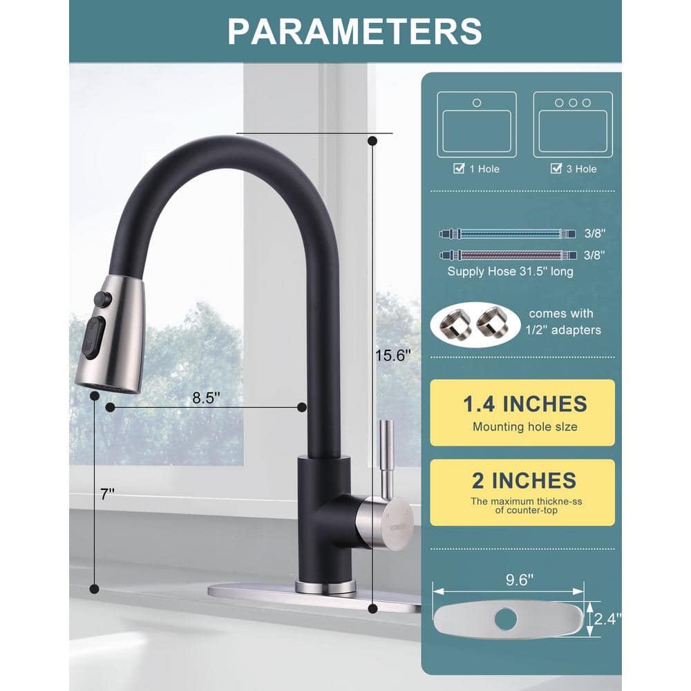 15-Inch Black and Brushed Nickel Pull-Down Kitchen Faucet