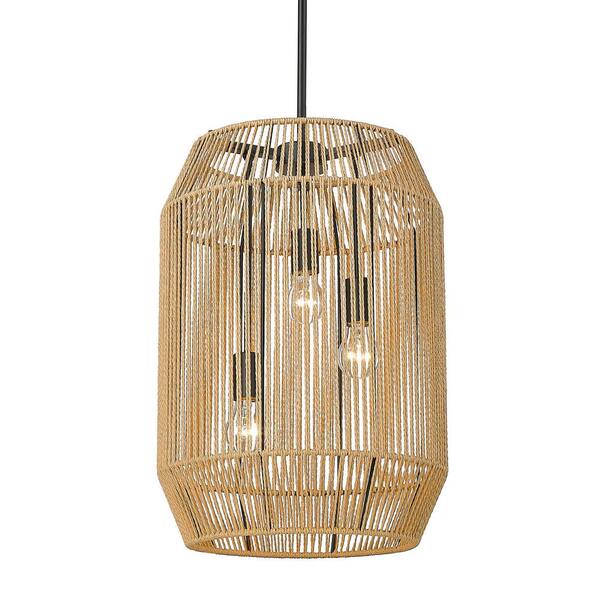 Golden Lighting - Marlee 3-Light Matte Black and Natural Raphia Rope Linear Pendant Light