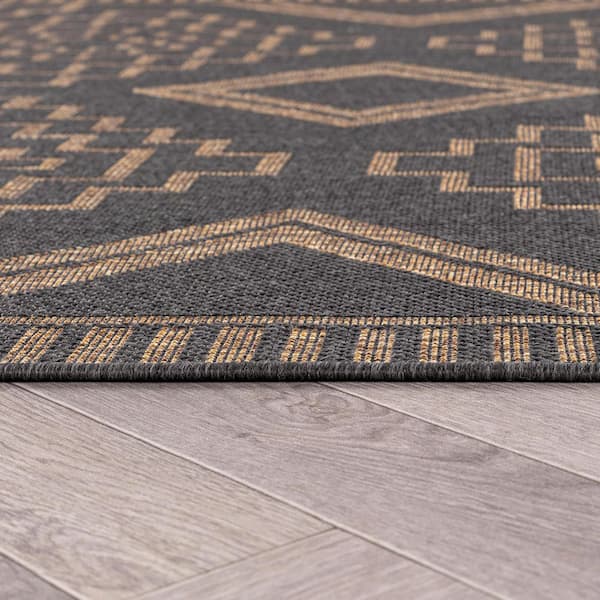 Geometric Border Dark Gray/Natural Easy-Care Jute-Style Indoor/Outdoor Flat Woven 6 ft. 6 in. x 9 ft. Dark Gray Area Rug