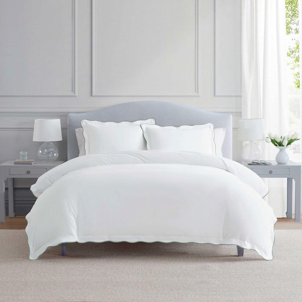 Simple Scallop 3-Piece White/Grey Green Cotton Full/Queen Duvet Cover Set