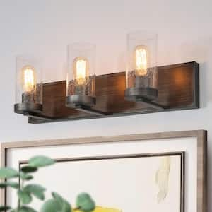 3-Light Industrial Bronze Farmhouse Faux Wood Bathroom Vanity Light Rustic Grey Wall Sconce with Seeded Glass Shades