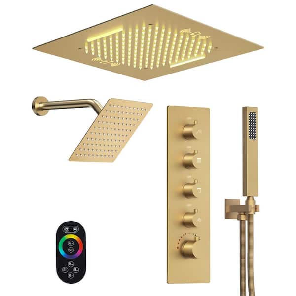Aurora 20 in. Quintuple Handles 15-Spray Shower Faucet 2.5 GPM with LED, Bluetooth, Anti Scald Handheld in. Brushed Gold